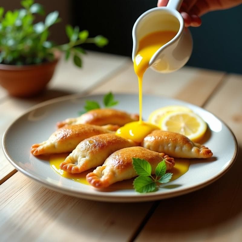 Empanadas doradas de harina de almendra rellenas de pescado blanco, servidas en una fuente de cerámica blanca con salsa de limón yuzu vertida por encima, acompañadas de rodajas de limón y perejil fresco.