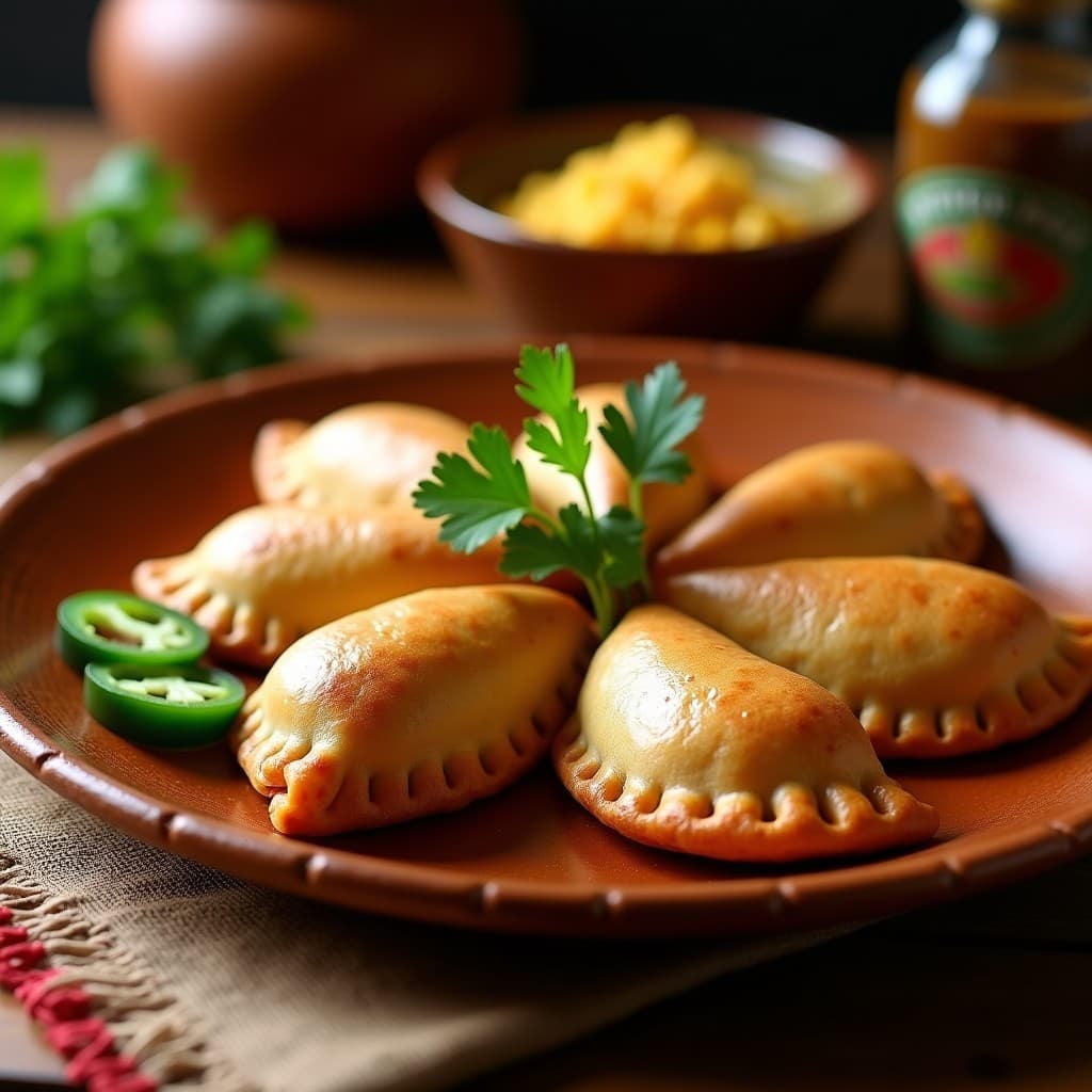 Empanadas doradas de harina de amaranto rellenas de frijoles charros, con bordes sellados y textura crujiente, servidas en un plato de barro con cilantro fresco y rodajas de jalapeño al lado.