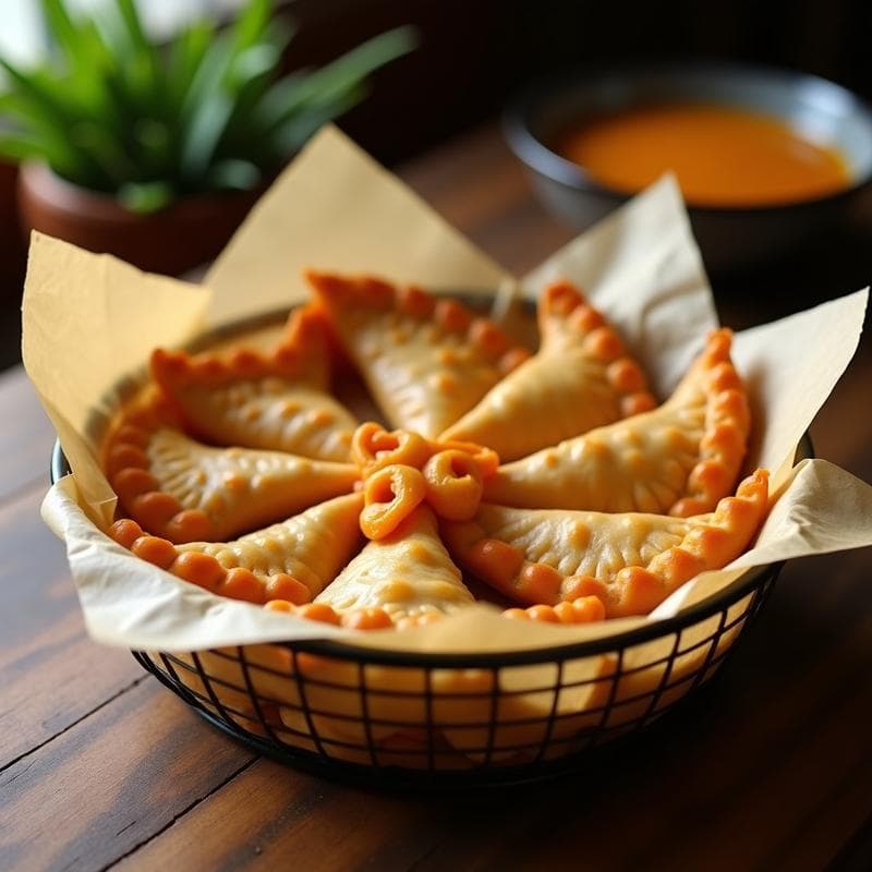 Empanadas doradas y crujientes de harina de arroz rellenas de pulpa de lúculo, dispuestas en una canasta de airfryer con fondo de papel de horno. Textura dorada y brillantes, con bordes sellados con tenedor, sobre una mesa de madera rústica.
