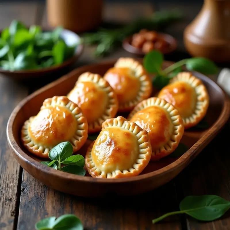 Empanadas doradas de harina de castaña rellenas de espinacas, pasas y piñones, dispuestas en una bandeja de madera rústica con un fondo de cocina tradicional portuguesa. Receta sin gluten.