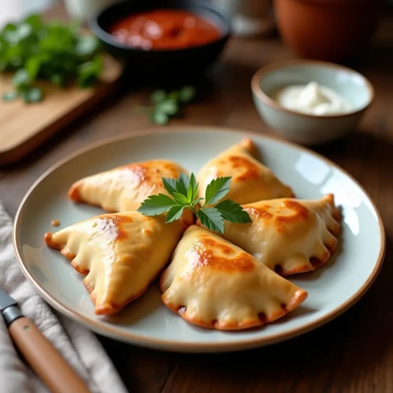 Empanadas doradas y crujientes de harina de coco rellenas de atún, con bordes sellados en forma de media luna, servidas en un plato de madera con rodajas de calamansi y hojas de cilantro. Receta filipina alta en proteína en airfryer.