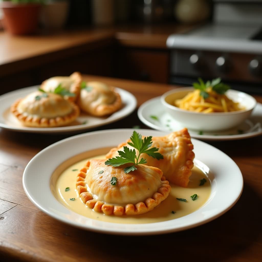 Empanadas doradas y crujientes de harina de coco rellenas de camarones en salsa de leche de tigre, servidas en un plato de cerámica negra con hojas de cilantro fresco y rodajas de lima, receta peruano-tailandesa en airfryer.