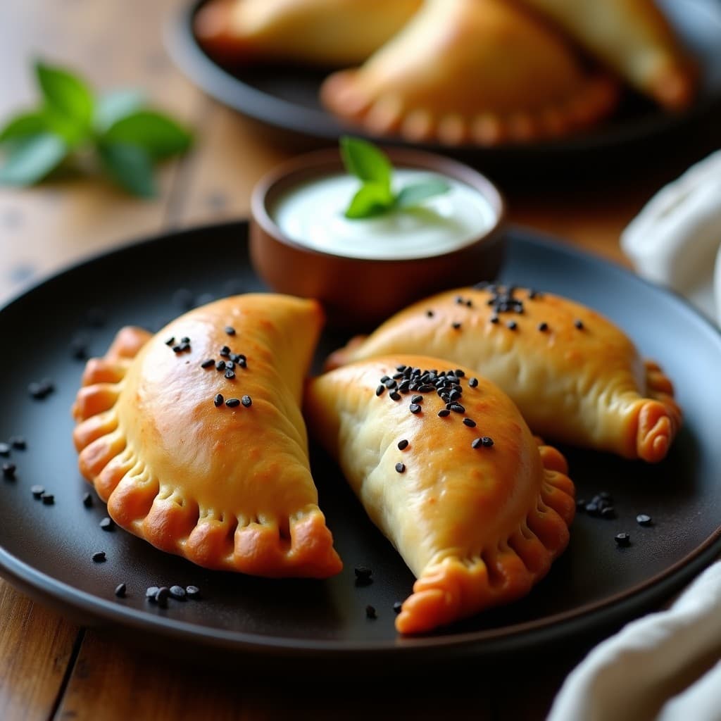 Empanadas doradas y crujientes de harina de grillo rellenas de hongos shitake, con semillas de sésamo por encima, servidas en un plato de madera rústico con fondo oscuro. Receta futurista en airfryer alta en hierro.