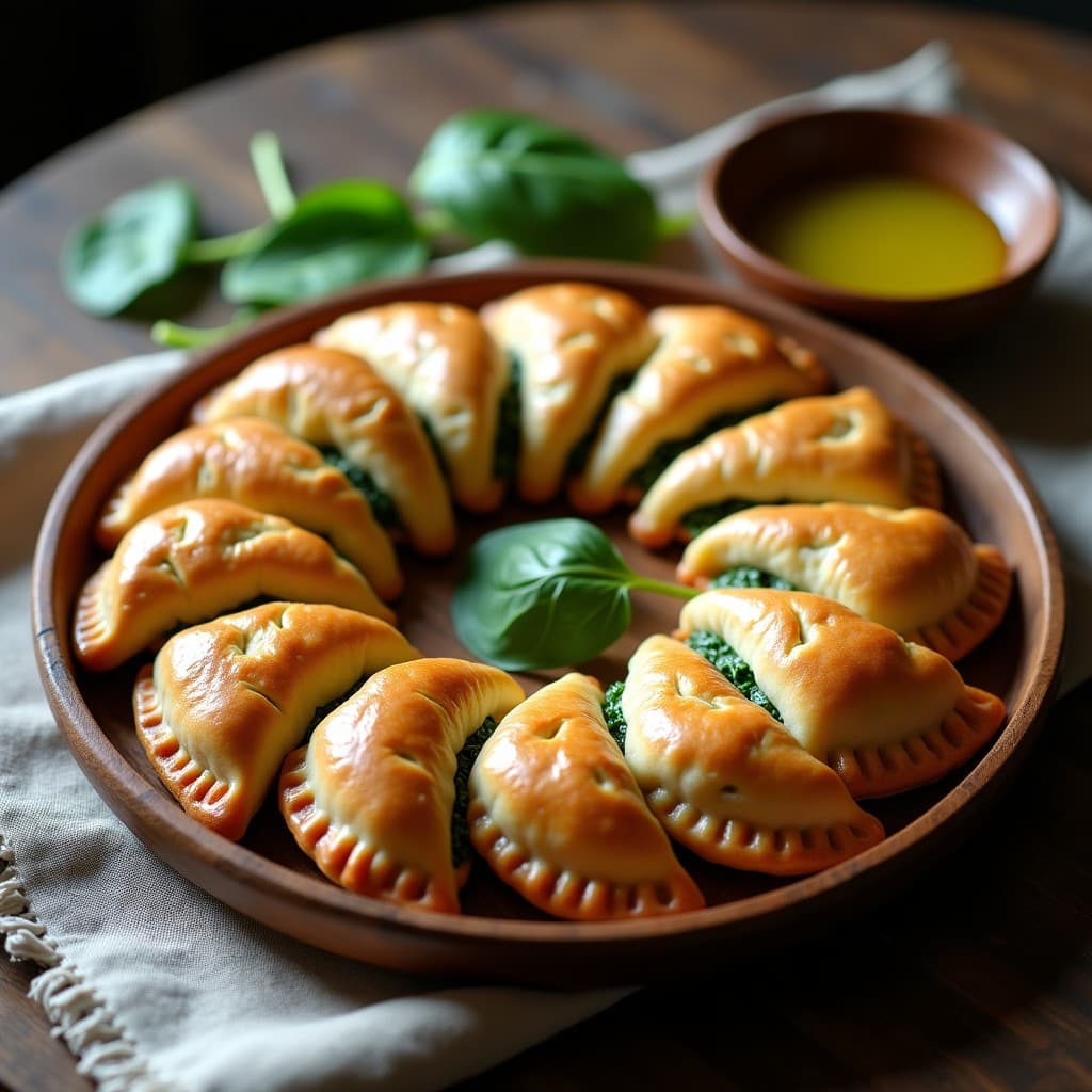 Empanadas doradas y crujientes de harina de guisante rellenas de espinacas y queso de cacahuete, dispuestas en una bandeja de madera sobre un mantel rústico. Receta española sin lácteos, alta en proteína y visualmente apetecible.