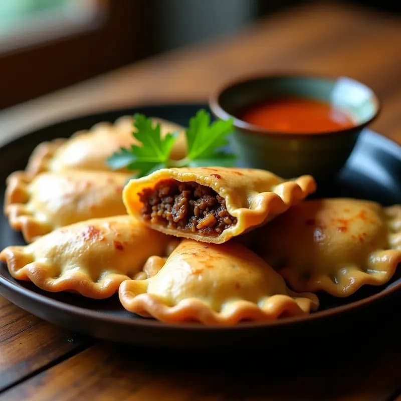 Empanadas doradas y crujientes de harina de sorgo rellenas de carne de ostrón, dispuestas en una canasta de airfryer con cilantro fresco espolvoreado. Receta colombiana sin gluten.
