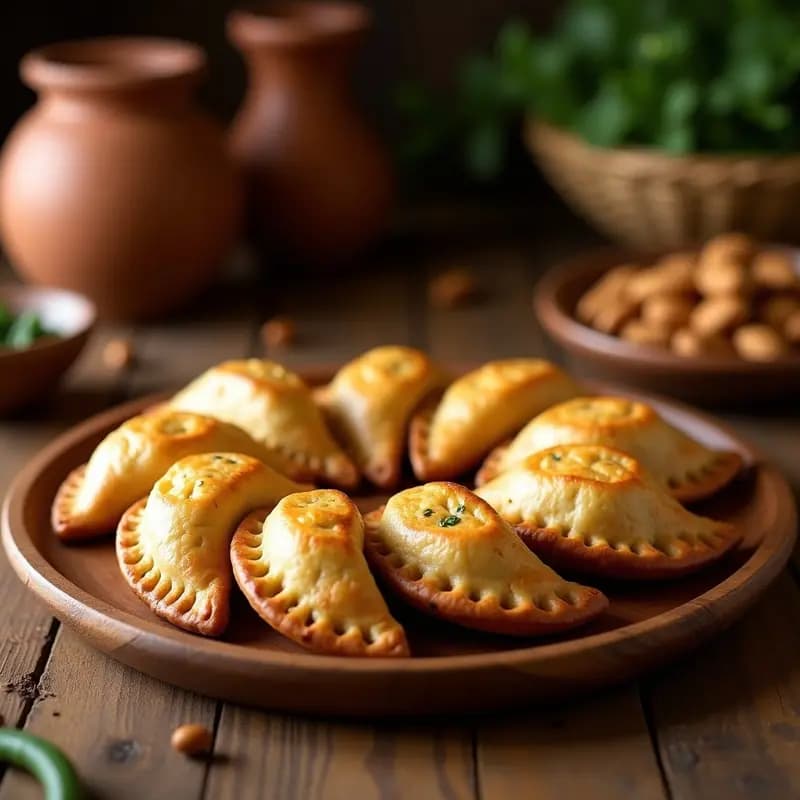 Empanadas doradas y crujientes de harina de teff rellenas de carne de camello, especias y almendras, horneadas a leña sobre una bandeja de madera rústica, con un fondo de cocina tradicional etíope.