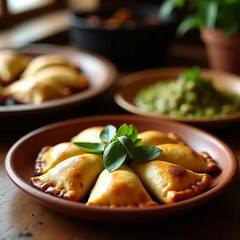 Empanadas de hoja de maíz doradas y crujientes rellenas de hongos ostra y queso Oaxaca, cocinadas en comal, sobre un plato de barro con salsa verde al lado.