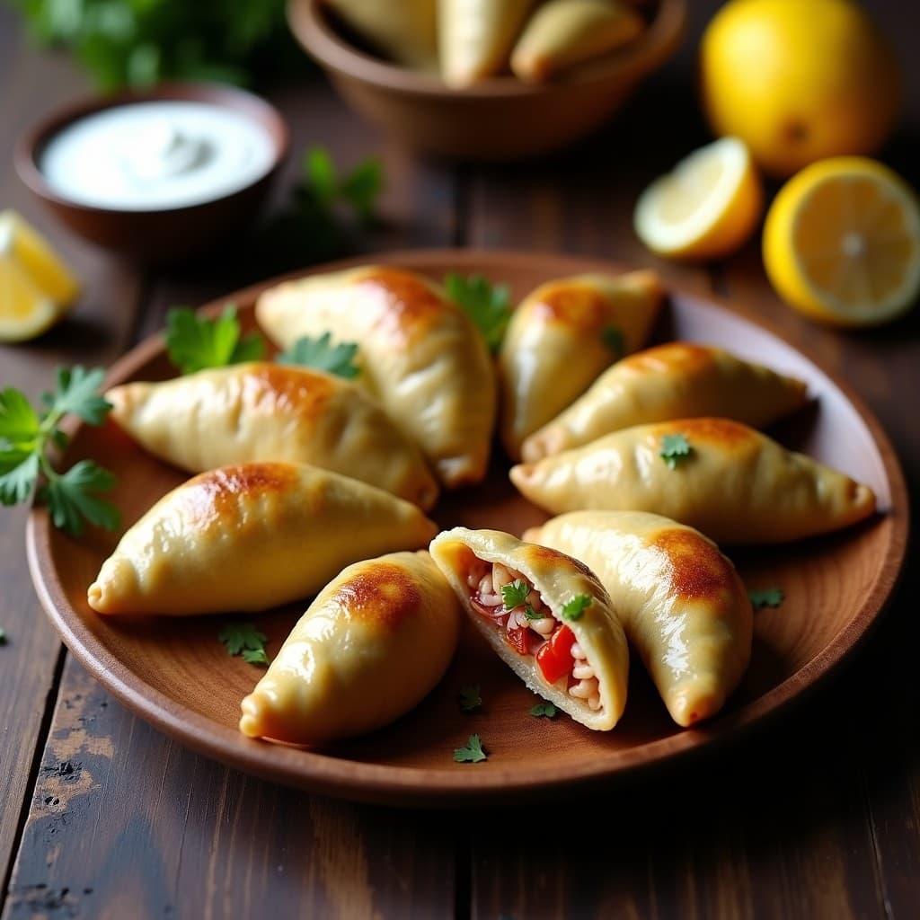Empanadas doradas de hoja de plátano abiertas, mostrando un relleno jugoso de bacalao desmenuzado y cebolla morada, servidas en un plato de madera con rodajas de limón y cilantro fresco. Receta colombiana keto.