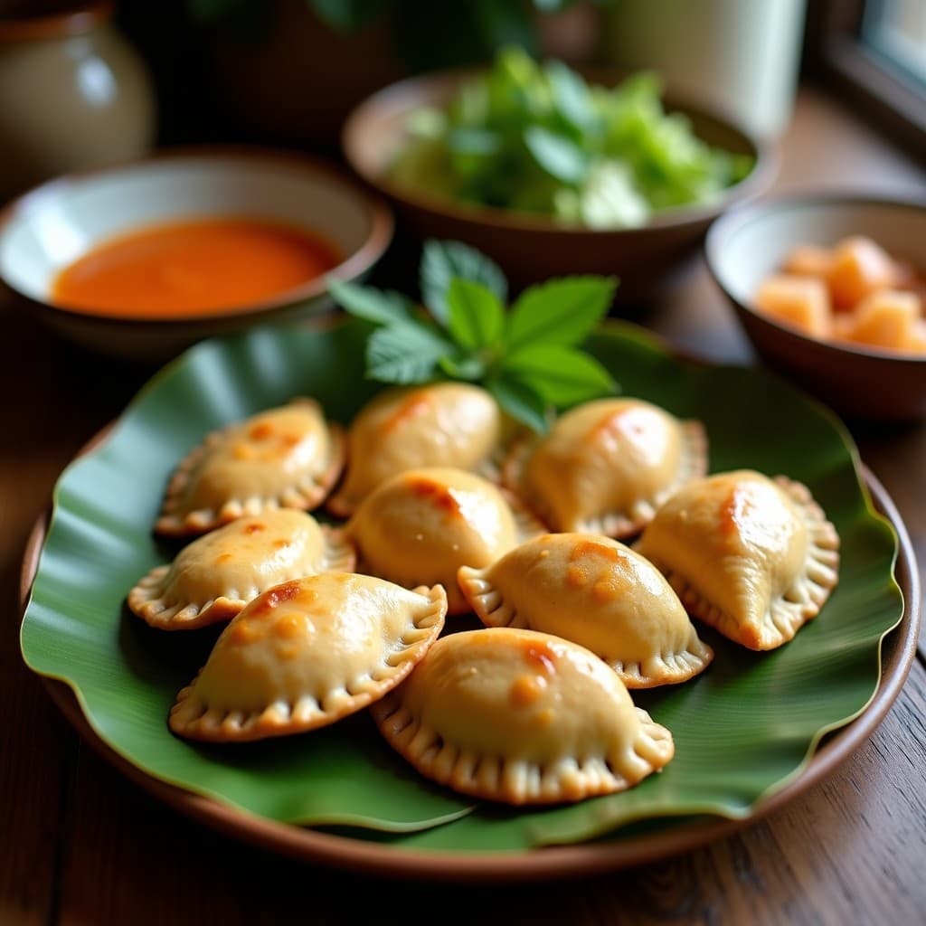 Empanadas doradas de hoja de plátano abiertas, mostrando un relleno cremoso de camarón y leche de coco, servidas en un plato de madera rústico con hojas de cilantro y rodajas de limón, receta caribeña en airfryer.