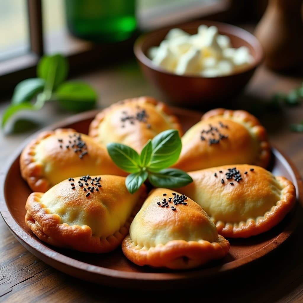 Empanadas doradas y crujientes de hongo ostra y espinacas en airfryer con masa de yuca, decoradas con semillas de sésamo negro, servidas en un plato de madera rústico con hierbas frescas al lado.