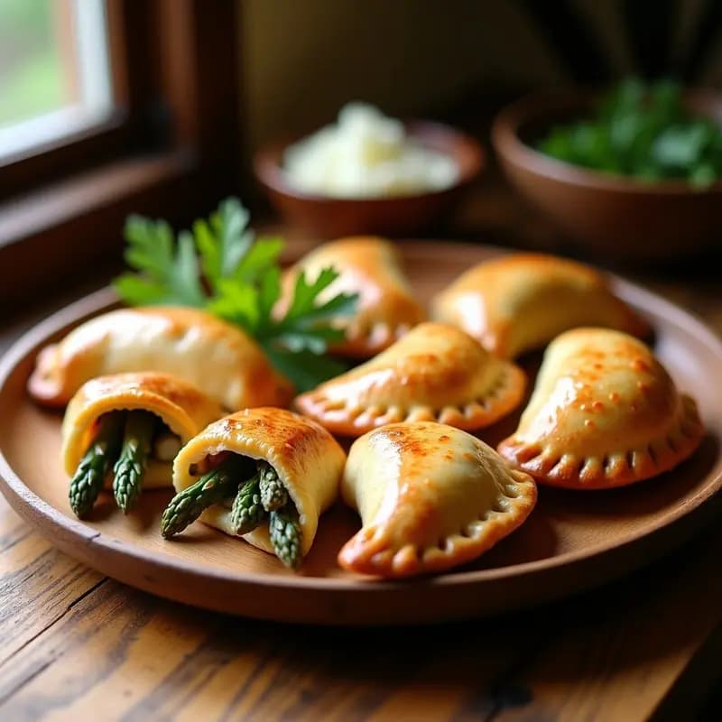 Empanadas doradas y crujientes rellenas de hongos morchella y espárragos trigueros, servidas en un plato de madera rústico con perejil fresco espolvoreado. Receta de temporada en airfryer.