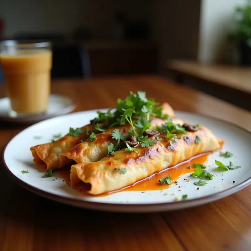 Empanadas argentinas doradas y crujientes al horno, rellenas de hongos portobello y queso azul, con un brillo dorado por el huevo batido. Servidas en una bandeja de madera rústica con hojas de tomillo fresco como decoración.