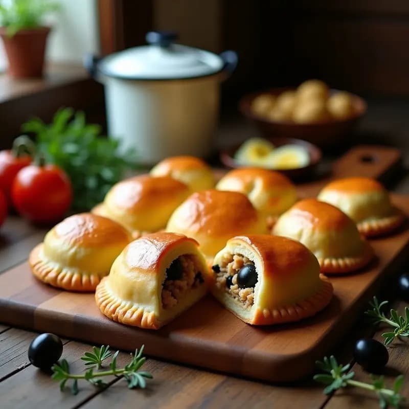 Empanadas de hornazo con atún sobre una tabla de madera rústica, doradas y crujientes, con relleno visible de atún, huevo y aceitunas, listas para guardar en tupper.
