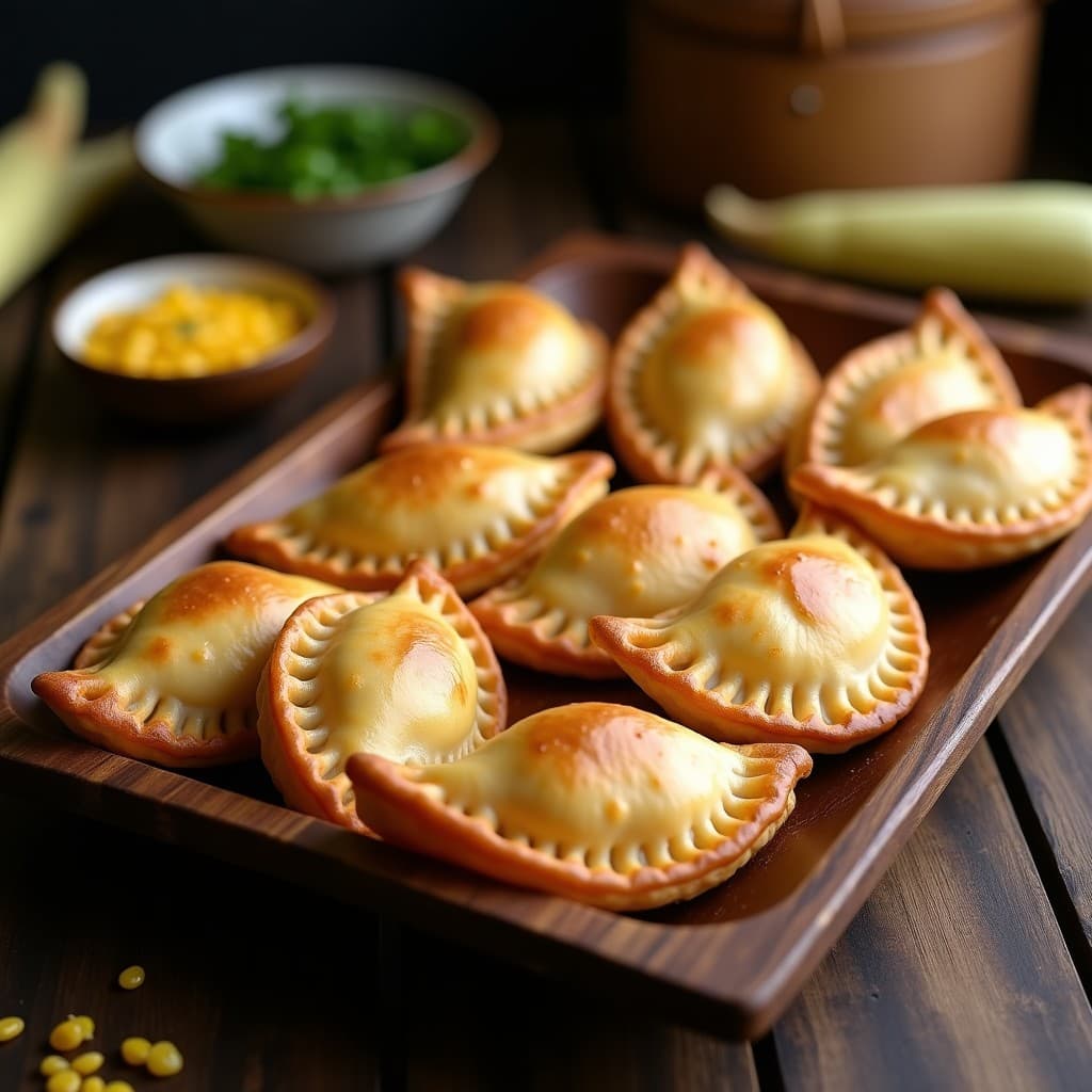 Empanadas argentinas de humita y queso fresco al horno, doradas y con repulgue en media luna, servidas en bandeja de madera rústica con hojas de maíz como decoración.