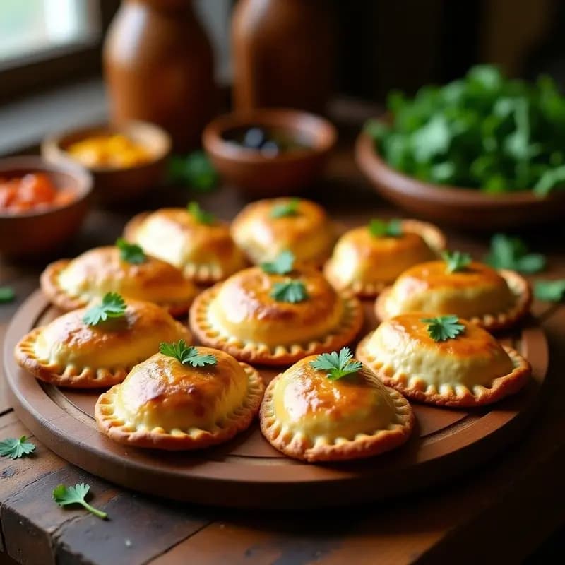Empanadas de Lima doradas y crujientes con relleno de pollo al curry y aceitunas, dispuestas en una bandeja de madera rústica con hojas de cilantro fresco y una salsa de yogur al lado.