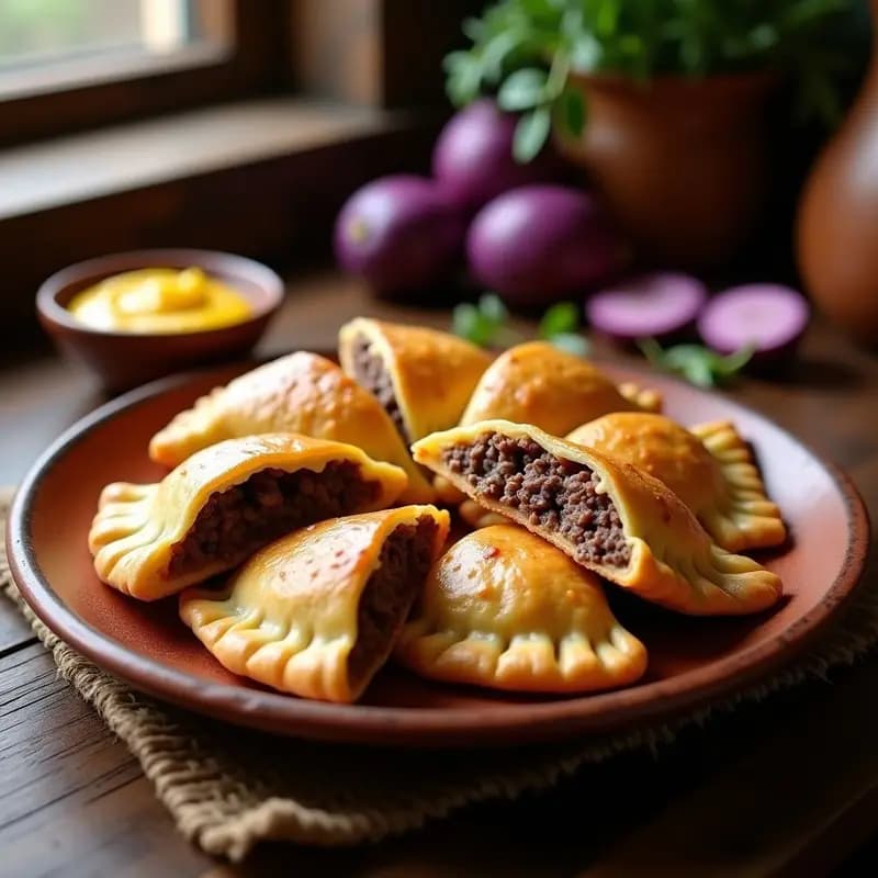 Empanadas doradas y crujientes rellenas de carne de llama y papa morada, con vetas de queso andino, servidas en un plato de barro rústico con salsa de ají amarillo al lado. Receta andina tradicional.