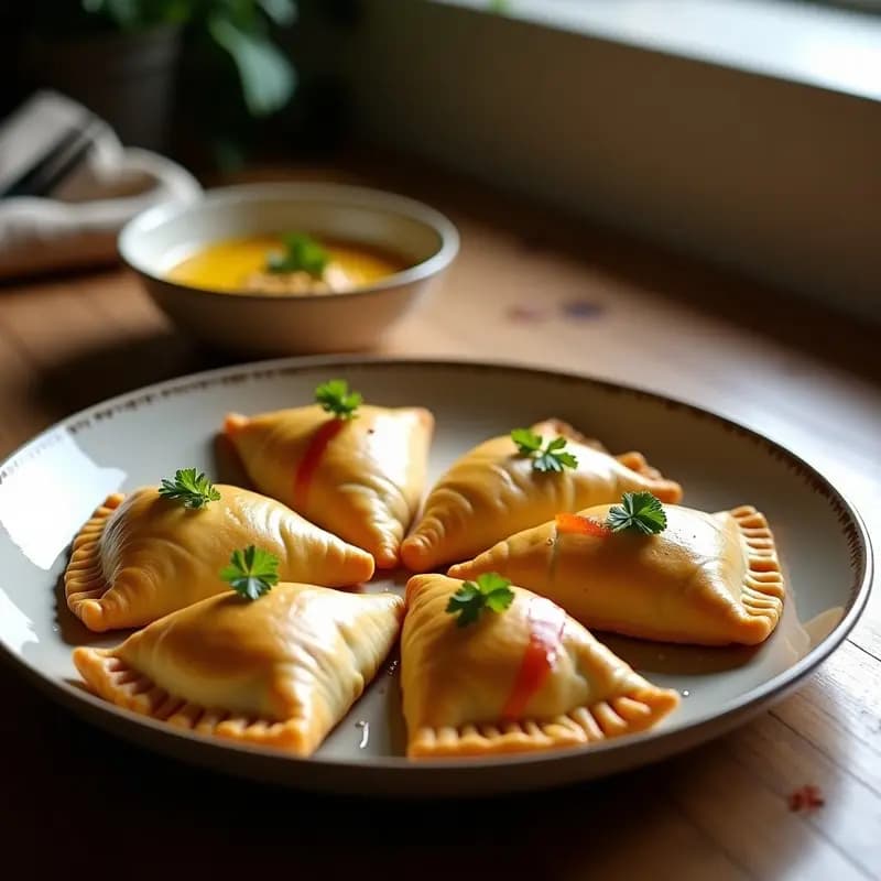 Empanadas doradas de masa de preservedLules con relleno cremoso de hummus y tiras de pimientos asados rojo y amarillo, espolvoreadas con semillas de sésamo, servidas en bandeja rústica de madera sobre papel de horno.