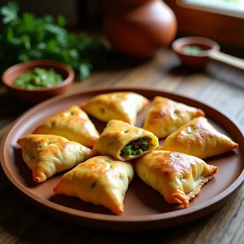 Empanadas doradas y crujientes rellenas de maguey y queso panela, servidas en un plato de barro con hojas de epazote como decoración, receta tradicional mexicana al horno.