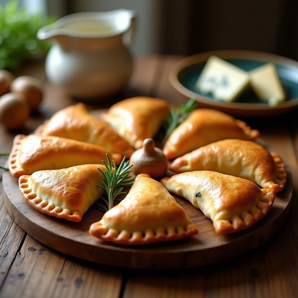 Empanadas doradas y crujientes de masa de harina de almendra rellenas de Maitake y queso azul, dispuestas en una bandeja de madera con hierbas frescas. Receta japonesa en airfryer, keto y sin gluten.