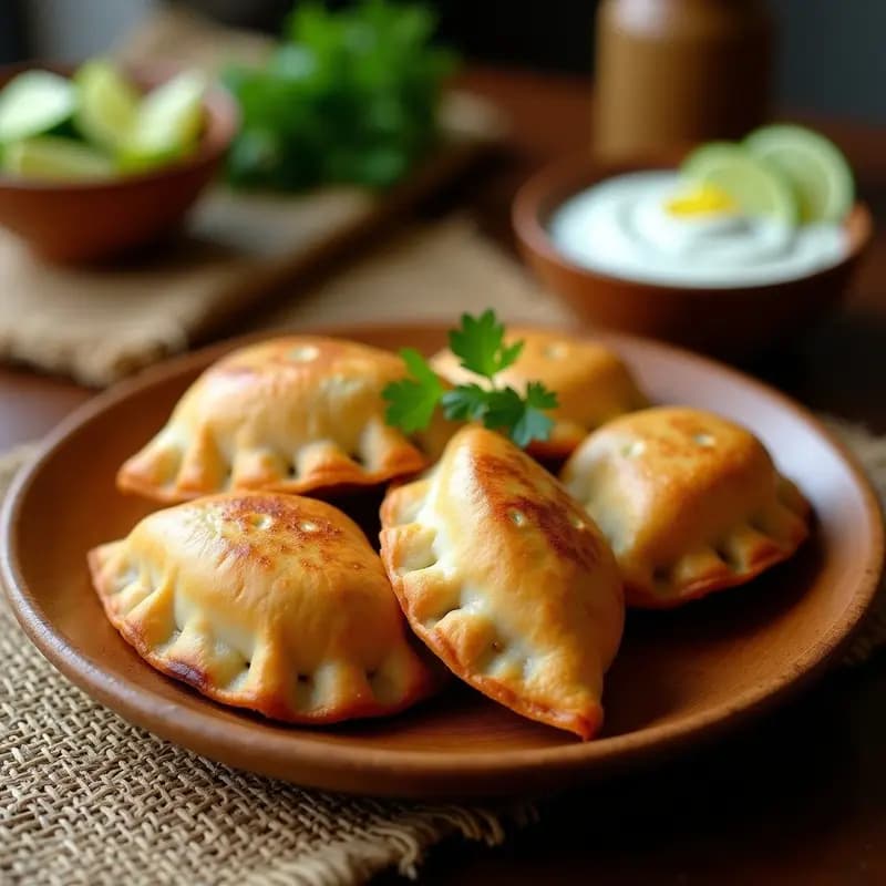 Empanadas doradas de maíz azul con relleno de ampalaya y atún ahumado, cocinadas en airfryer, servidas en un plato de madera con salsa de yogur y hierbas frescas.
