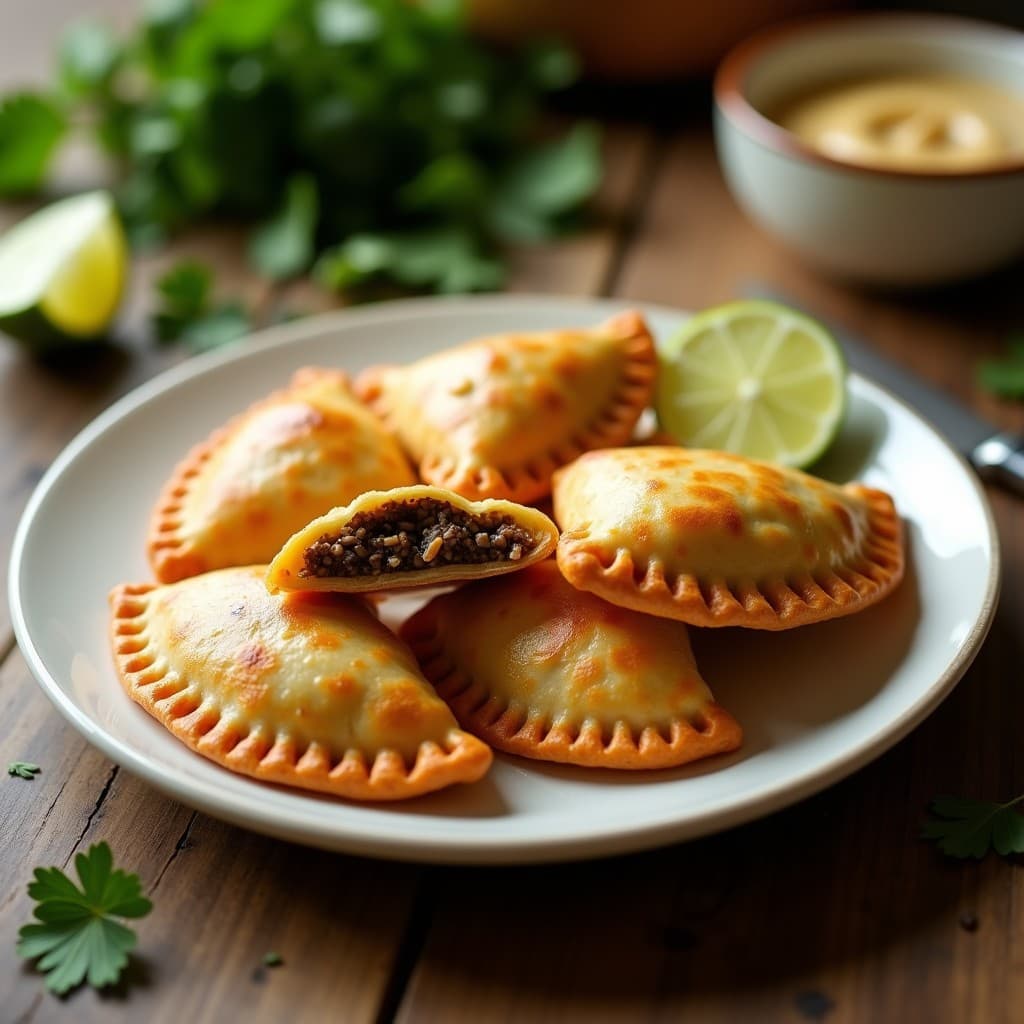 Empanadas doradas de maíz azul rellenas de congrio ahumado, con bordes perfectamente sellados y textura crujiente, servidas en un plato de cerámica blanca sobre fondo rústico de madera, acompañadas de cilantro fresco y rodajas de limón.