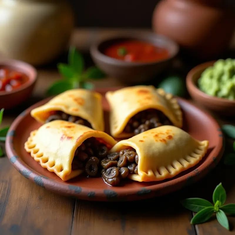 Empanadas de masa de maíz azul con relleno de hongos y epazote, receta oaxaqueña tradicional, servidas en plato de barro con salsa de chile y guacamole al lado.