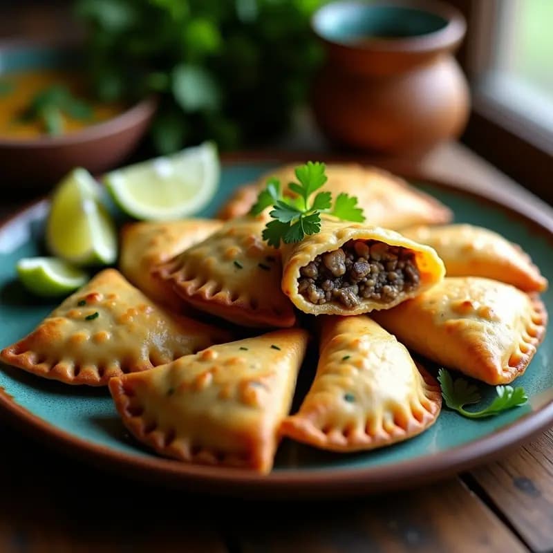 Empanadas doradas de maíz azul con relleno de hongos shitake, servidas en un plato de barro con hojas de perejil fresco y un dip de aguacate al lado. Receta colombiana vegana y sin harina.