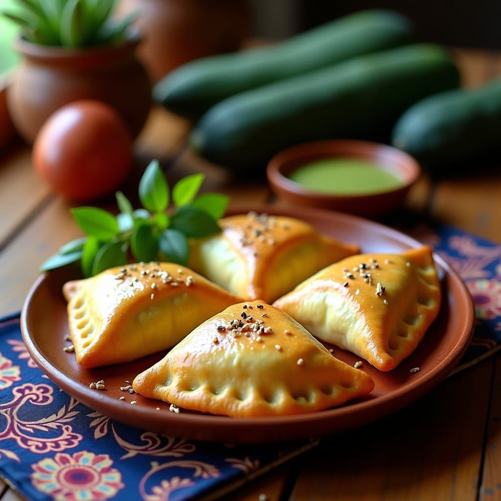Empanadas doradas de maíz azul rellenas de queso Oaxaca y flor de calabaza, servidas en un plato de barro con semillas de sésamo espolvoreadas, acompañadas de salsa verde y hojas de epazote.