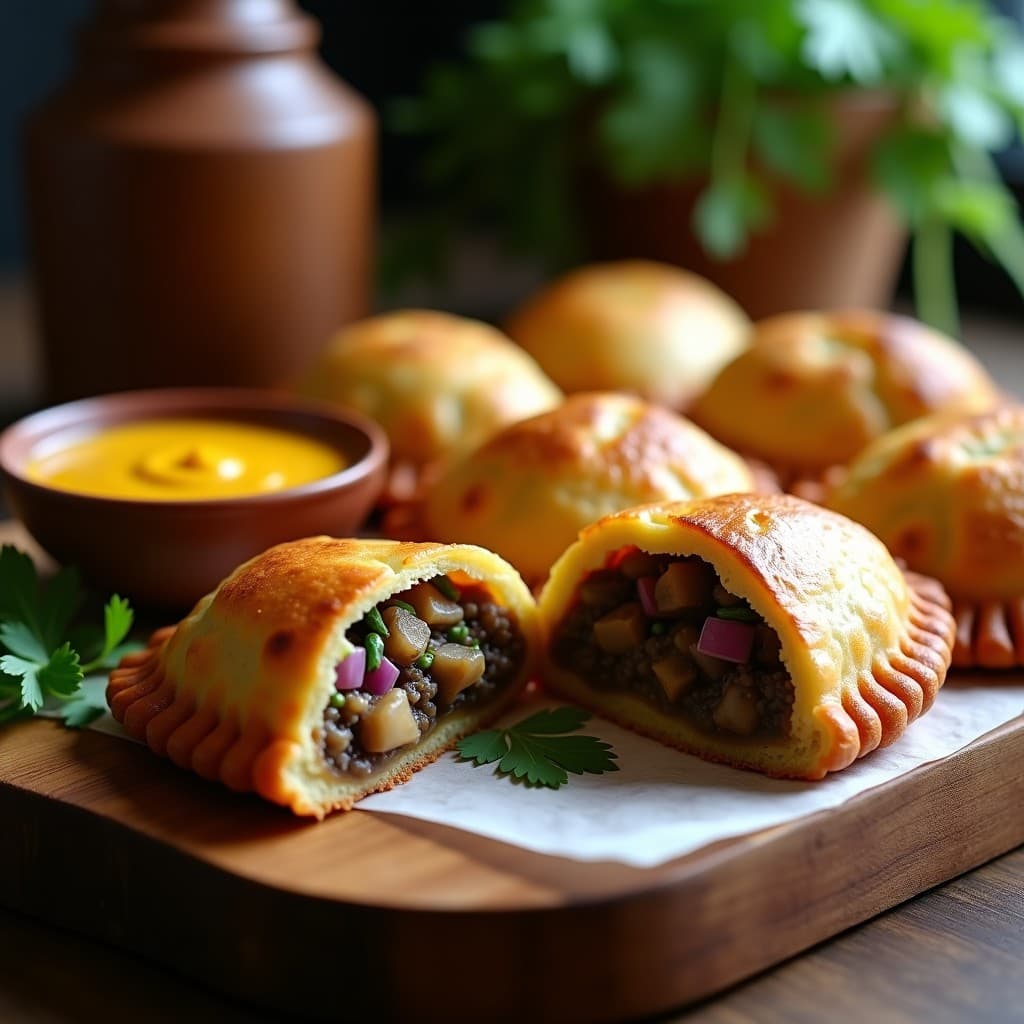 Empanadas de maíz morado veganas con relleno de hongos portobello, doradas y crujientes, servidas en una bandeja de madera rústica con cilantro fresco y salsa de ají amarillo al lado. Receta colombiana tradicional.