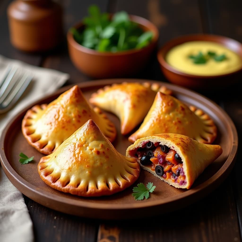 Empanadas doradas de maíz morado con bordes perfectamente sellados, rellenas de pulpo en trozos y ají panca, servidas en una tabla de madera con hojas de culantro y salsa de yogur al lado.