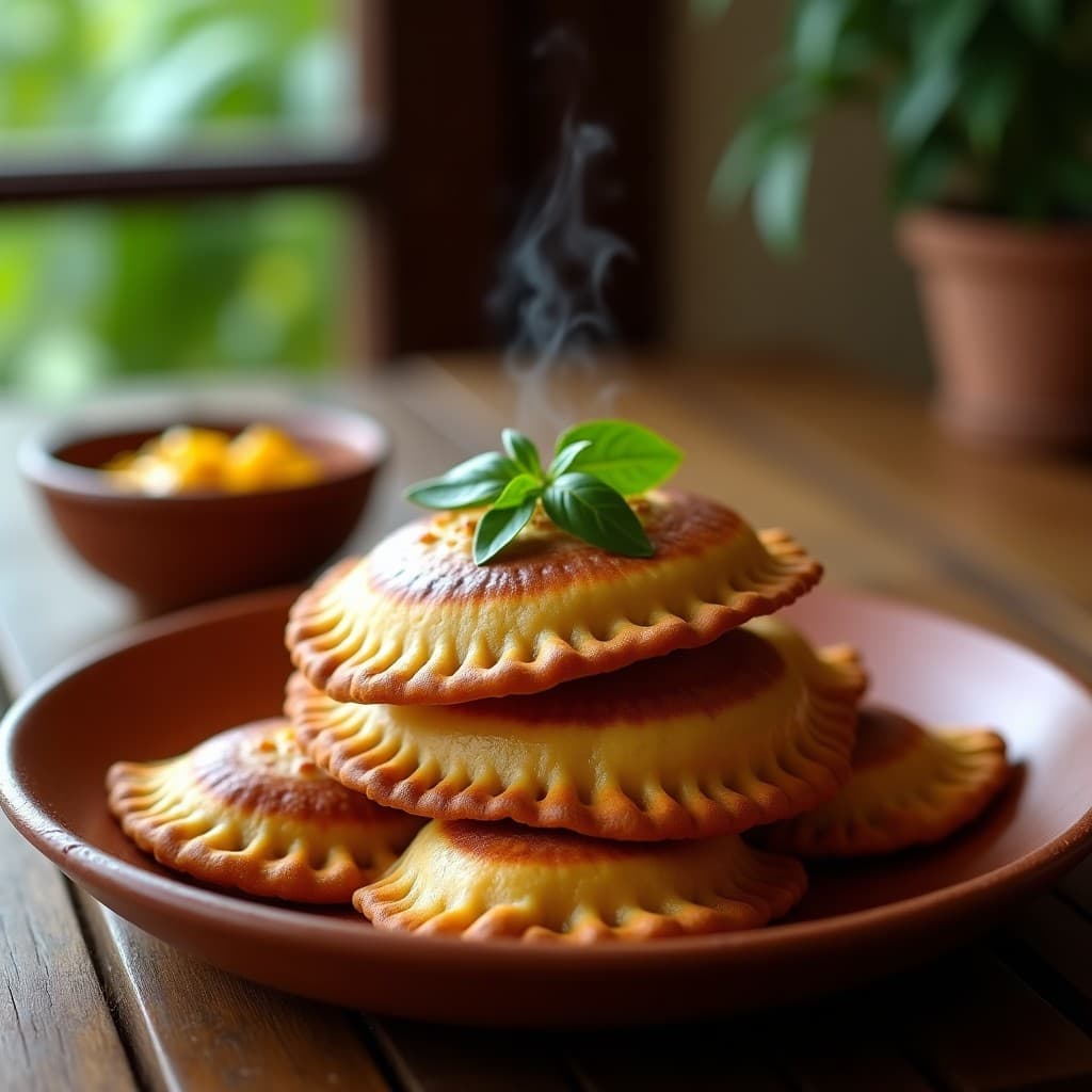 Empanadas doradas de maíz morado con relleno de queso de anacardo y ají, apiladas en un plato de barro rústico. Se aprecian los bordes sellados con tenedor y el color vibrante morado de la masa. Acompañadas de una salsa de ají amarillo en un recipiente pequeño de cerámica.