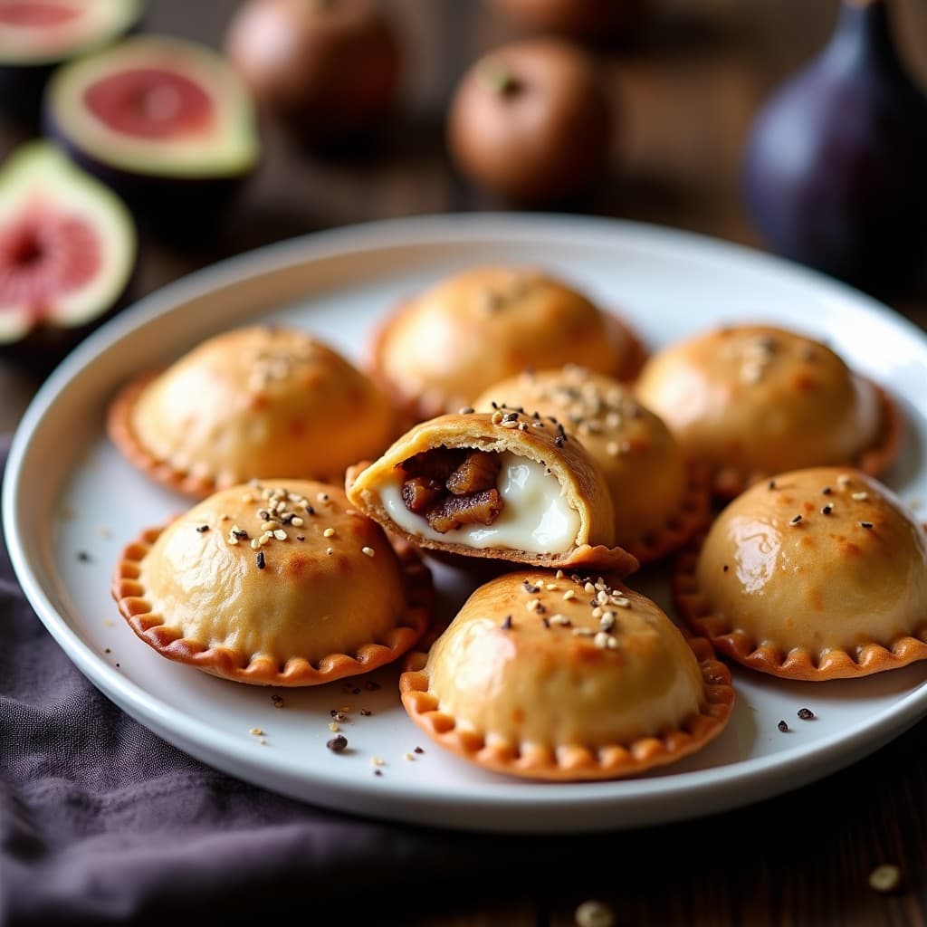 Empanadas doradas de maíz morado con bordes crujientes, rellenas de queso de castaña cremoso y trozos de higos frescos, servidas en un plato de cerámica blanca sobre fondo rústico de madera.
