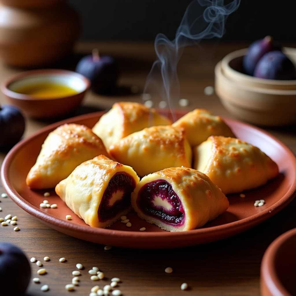 Empanadas peruanas de masa morada vibrante rellenas de queso de oveja cremoso y mermelada de higo, cocinadas al vapor en olla express, servidas en plato de barro con toques de semillas de sésamo.