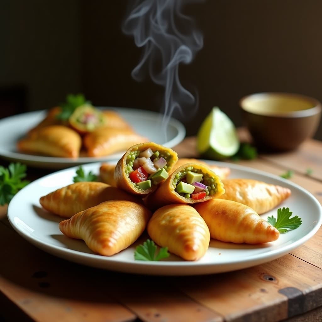 Empanadas de maíz negro doradas y crujientes en airfryer, rellenas de aguacate cremoso y atún especiado, servidas en plato rústico con salsa de yogur y cilantro fresco.