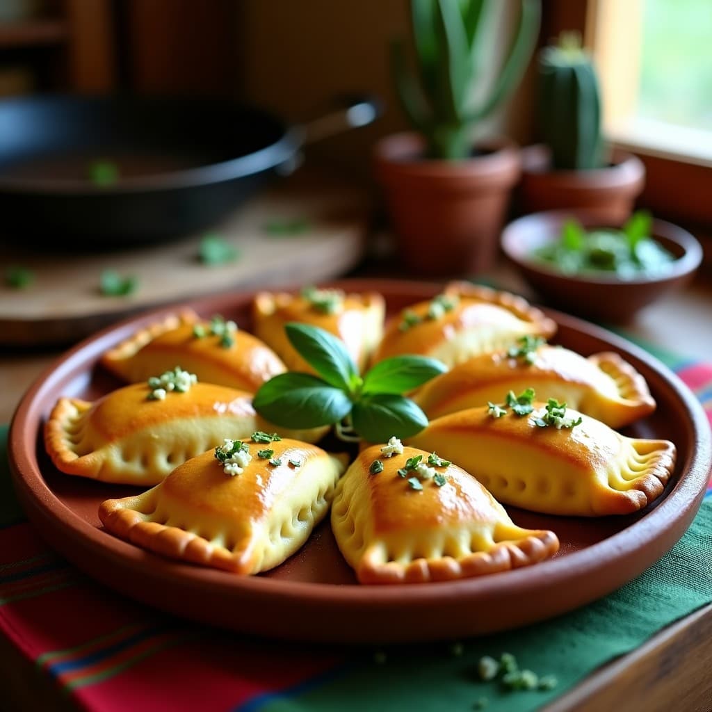 Empanadas doradas de maíz nixtamalizado rellenas de tatemado de poblano, servidas en un plato de barro rústico con hojas de epazote y salsa verde al lado, receta tradicional mexicana en comal.