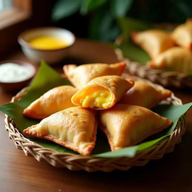 Empanadas doradas y crujientes de maíz rellenas de queso de quesillo venezolano, servidas en una canasta de mimbre con hojas de plátano, postre tradicional en airfryer.