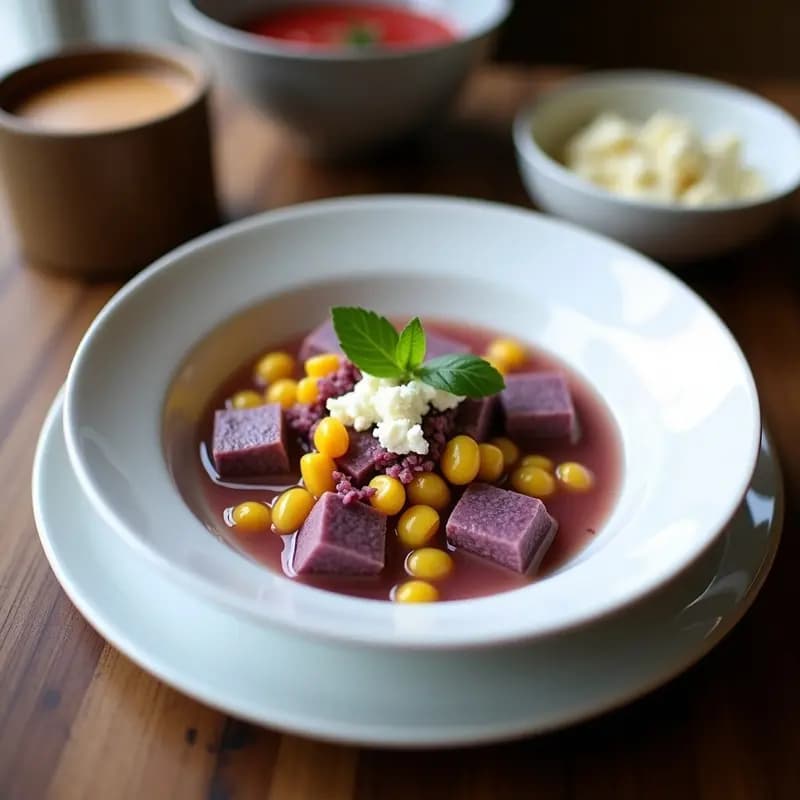 Empanadas de maíz violeta con relleno de queso de castaña y higos caramelizados, servidas en un plato de cerámica blanca con fondo rústico de madera, receta peruana dulce-salada en olla express.