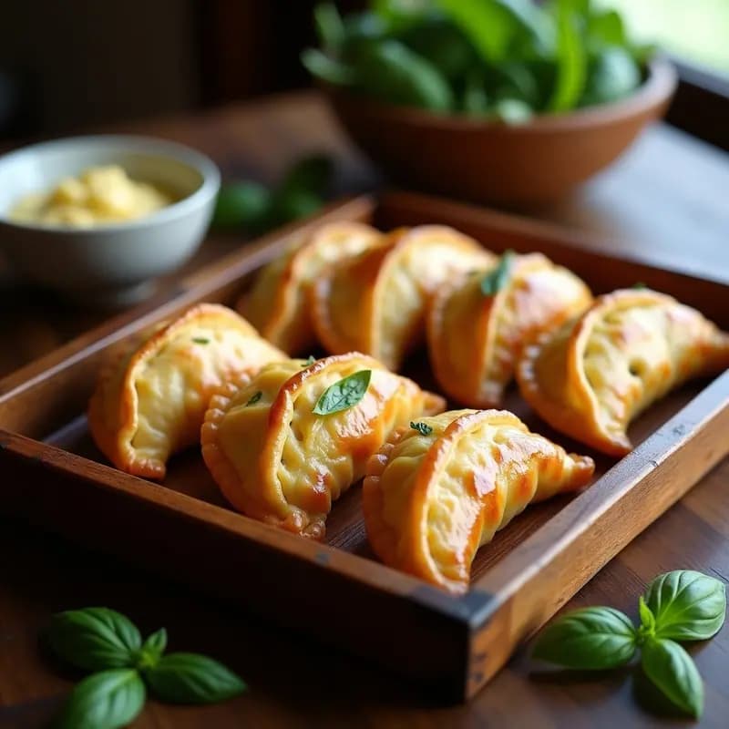 Empanadas doradas de masa de mandioca rellenas de berenjena asada y queso de anacardos, dispuestas en una bandeja de madera rústica con hojas de albahaca fresca. Receta paraguaya vegana y sin gluten.