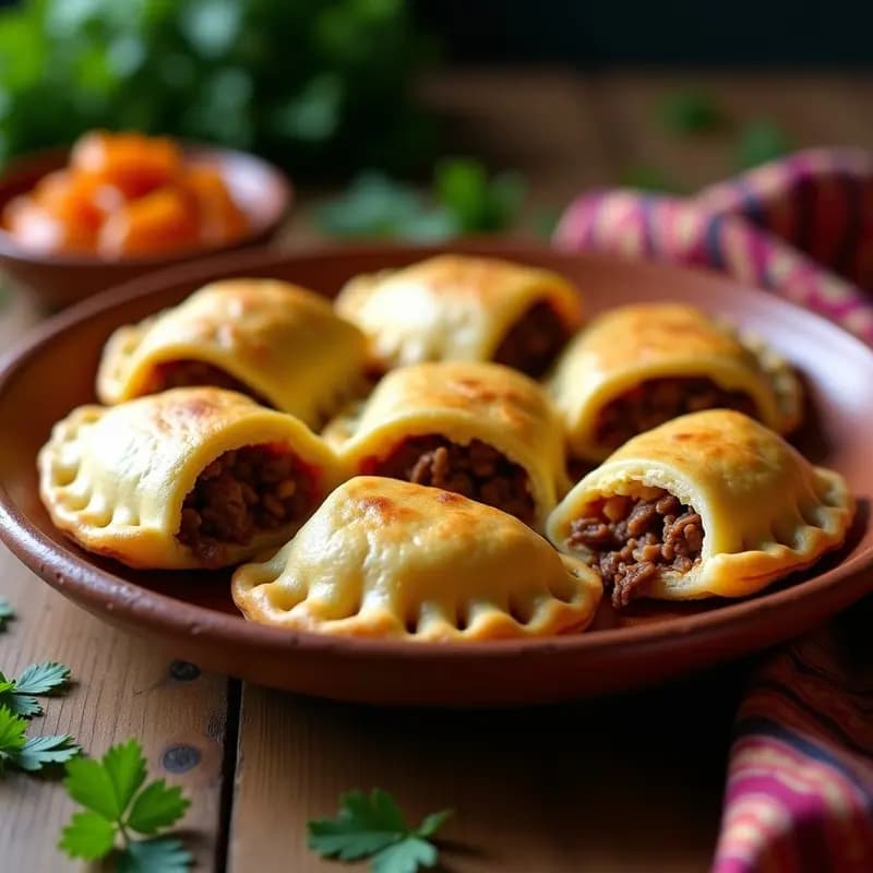 Empanadas doradas de masa de mandioca rellenas de carne de res y huevos, servidas en un plato de barro rústico con hojas de perejil fresco alrededor. Receta paraguaya tradicional.