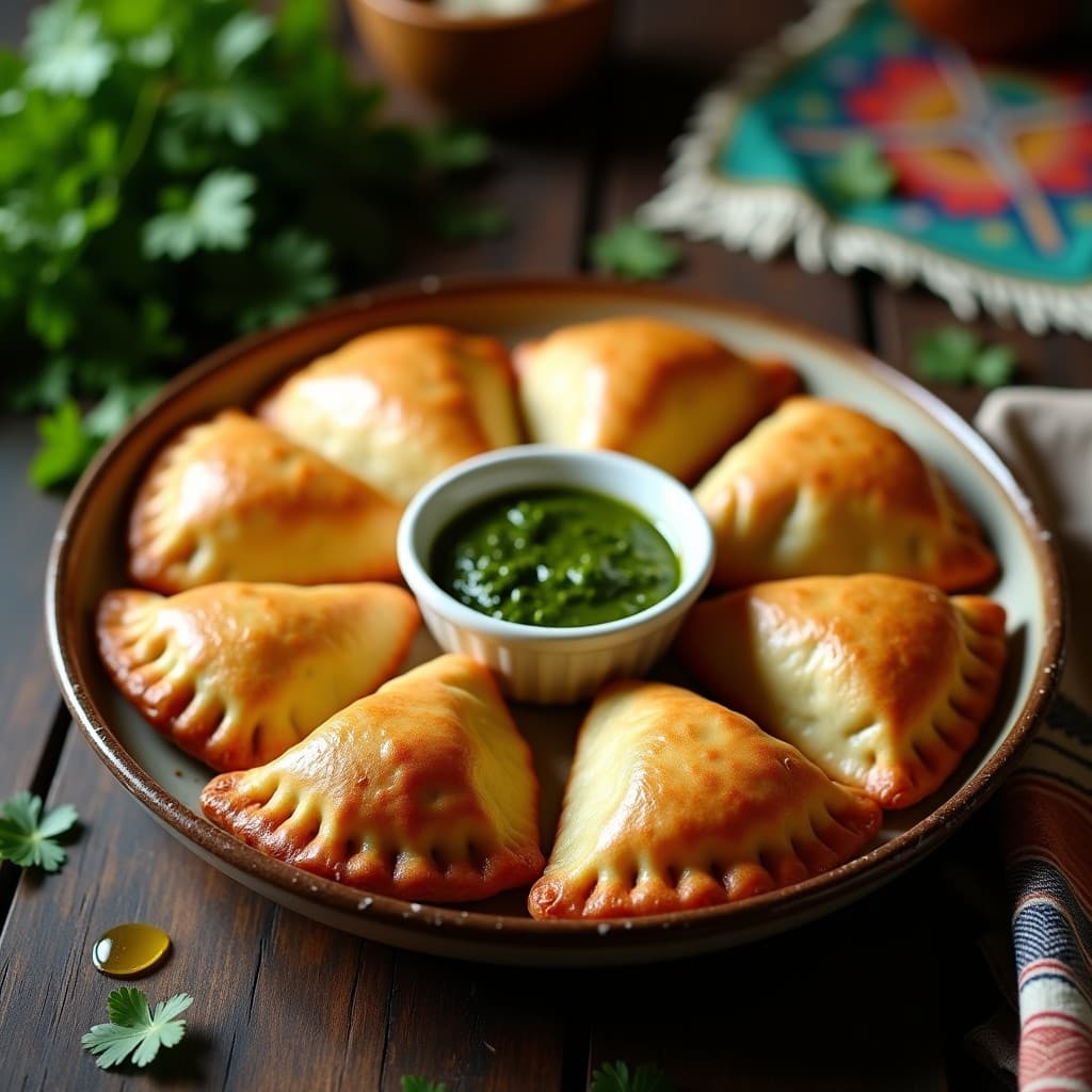 Empanadas doradas y crujientes de masa de mandioca rellenas de pollo al chimichurri, servidas en un plato de barro con salsa verde fresca al lado. Receta paraguaya en airfryer, sin gluten y alta en proteínas.