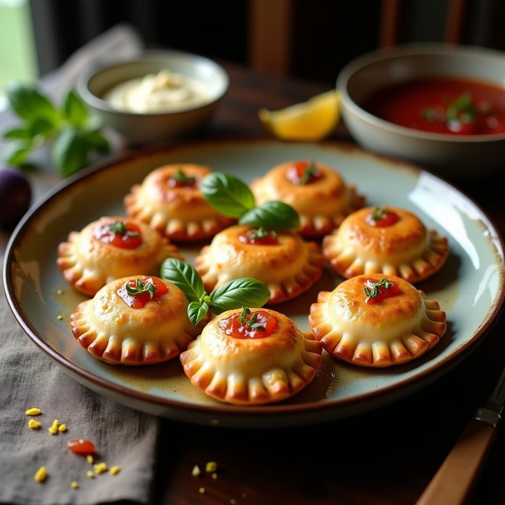 Empanadas doradas y crujientes de harina de mandioca rellenas de queso de búfala cremoso y mermelada de higo, servidas en una fuente de barro con hojas de albahaca fresca y un hilo de mermelada decorando el plato.