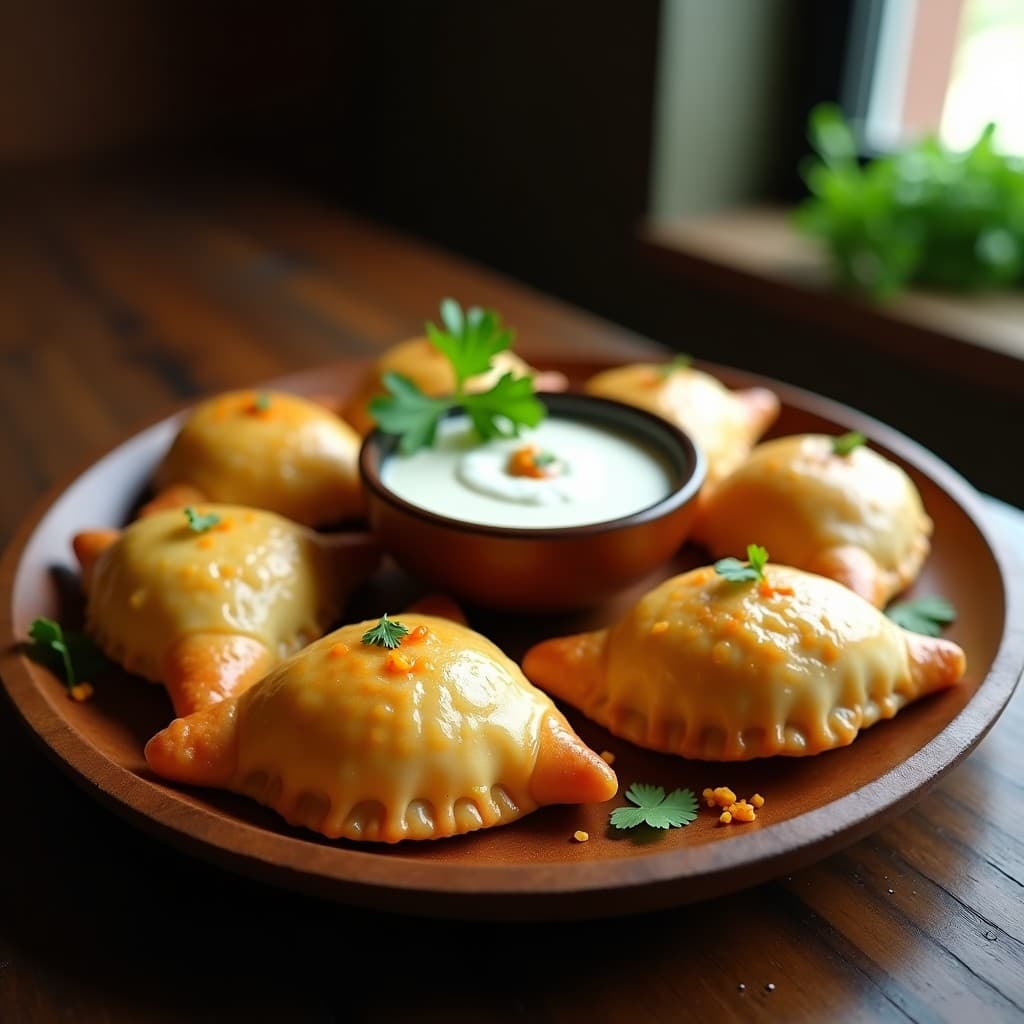 Empanadas brasileras de mandioca doradas y crujientes rellenas de pollo al curry, servidas en una bandeja de madera con hojas de cilantro fresco y rodajas de lima al lado.