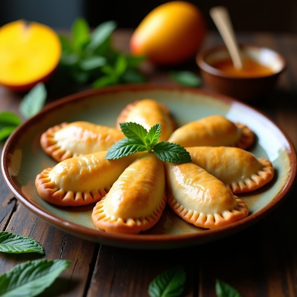 Empanadas doradas y crujientes rellenas de mango maduro y queso de oveja, con hojas de hierbabuena fresca, servidas en un plato rústico de barro sobre una mesa de madera con detalles de hoja de hierbabuena y trozos de mango al fondo.