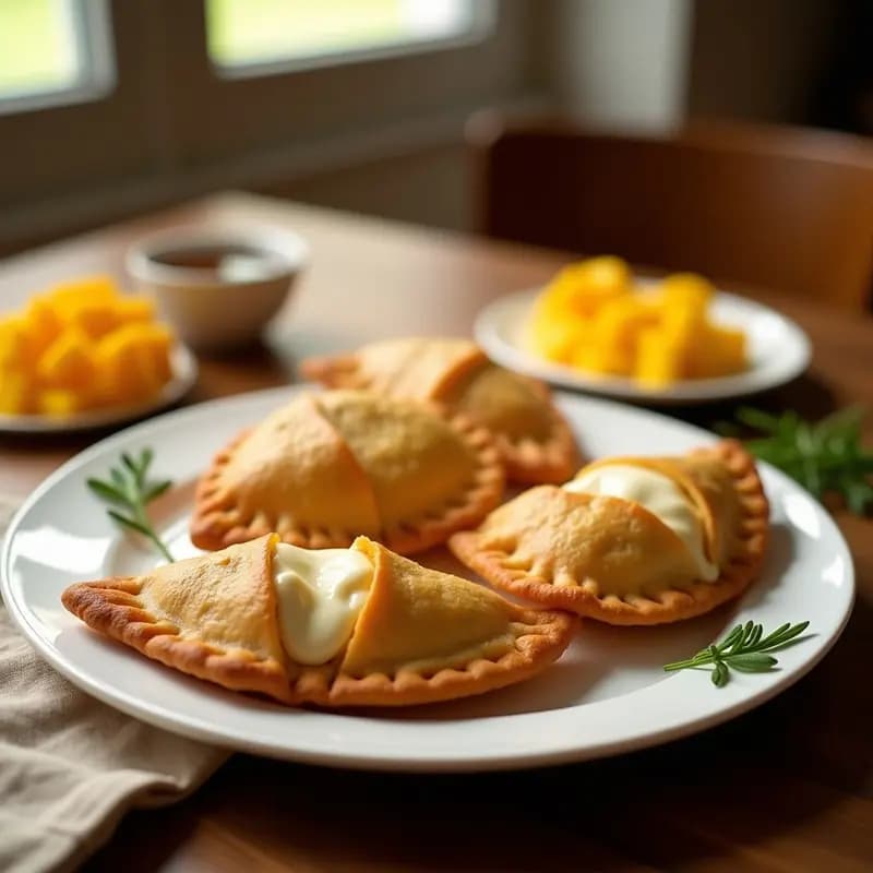 Empanadas doradas y crujientes de mango y queso de cabra sobre una bandeja rústica de madera, con relleno visible en el corte y almendras fileteadas por encima. Postre colombiano gourmet con contraste de colores cálidos.