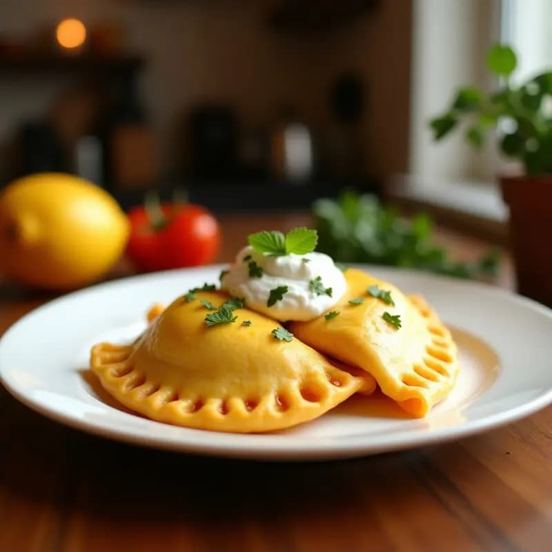 Empanadas filipinas de mango y queso crema doradas y crujientes, con bordes sellados en forma de media luna, servidas en un plato de bambú con hojas de plátano como decoración.