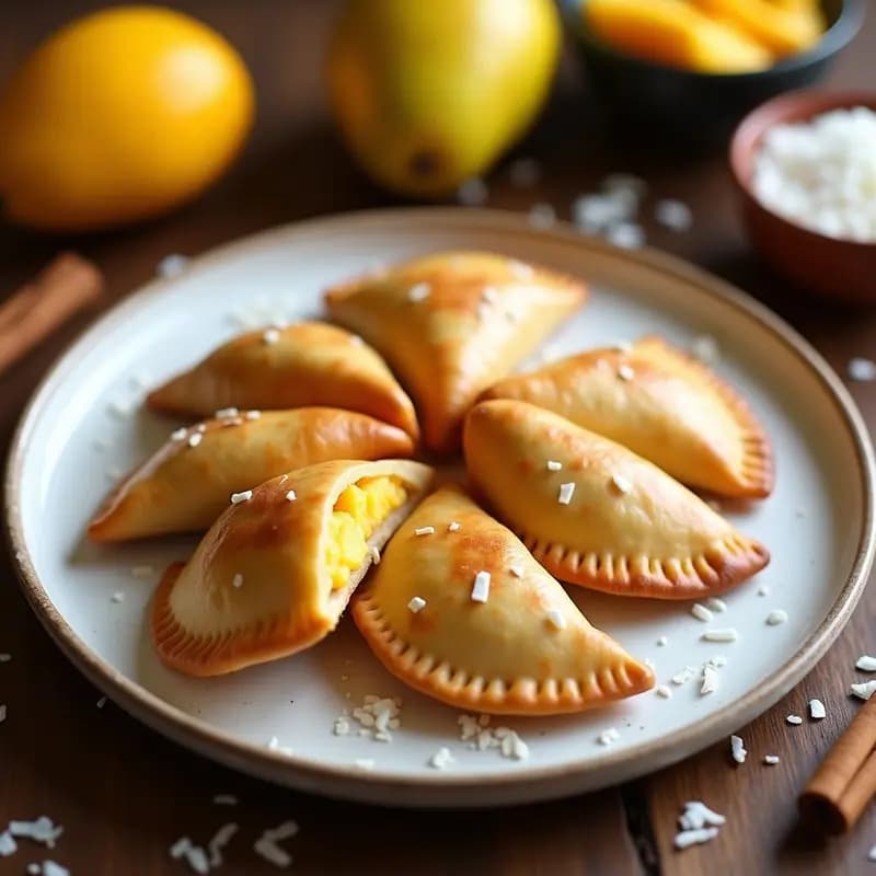 Empanadas doradas rellenas de mango y queso vegano sin harina, servidas en plato de barro con hojas de menta y coco rallado espolvoreado, postre colombiano saludable sin azúcar.
