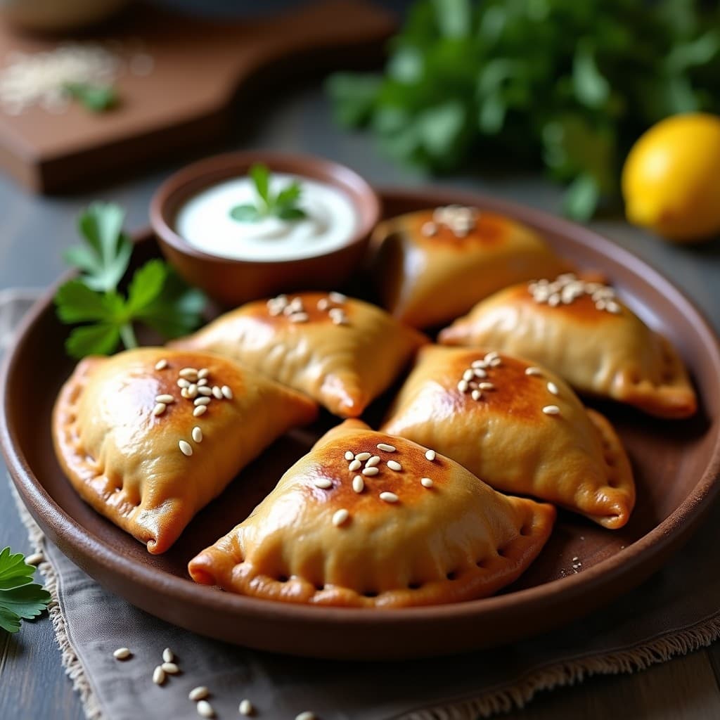 Empanadas doradas y brillantes de manteca de cacao rellenas de champiñones portobello, servidas en un plato de madera con semillas de sésamo espolvoreadas y acompañadas de una salsa cremosa. Receta vegana y sin horno.