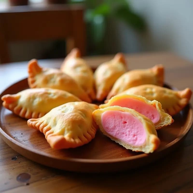 Empanadas doradas y crujientes rellenas de algodón de azúcar rosa, dispuestas en una bandeja de madera rústica con fondo borroso.