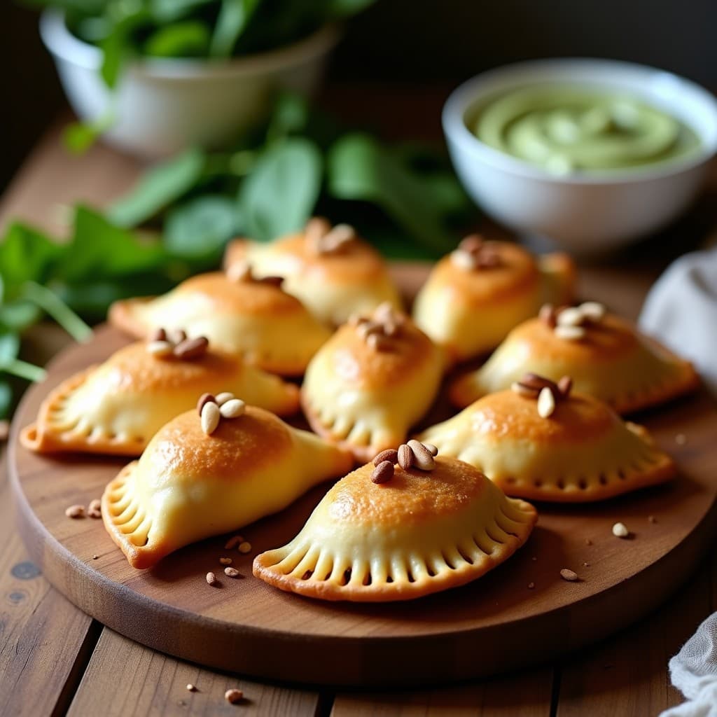 Empanadas doradas de masa de almendra rellenas de crema verde de espinacas y piñones tostados, servidas en bandeja de madera rústica con hojas de espinaca fresca de decoración. Receta sin gluten y keto.