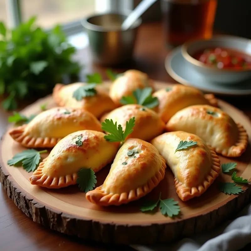 Empanadas doradas de masa de almendra rellenas de champiñones portobello y puerro, dispuestas en una bandeja de madera rústica con un toque de perejil fresco. Receta sin gluten para tupper.